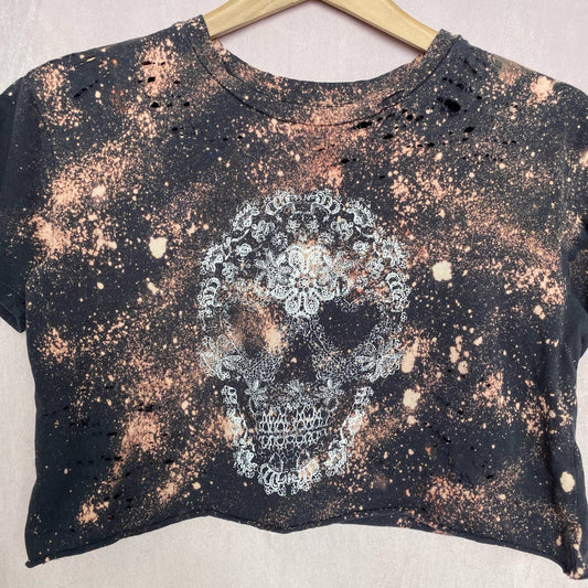 Reworked Fifth Sun Floral Skull Distressed Crop Tee, Size Medium