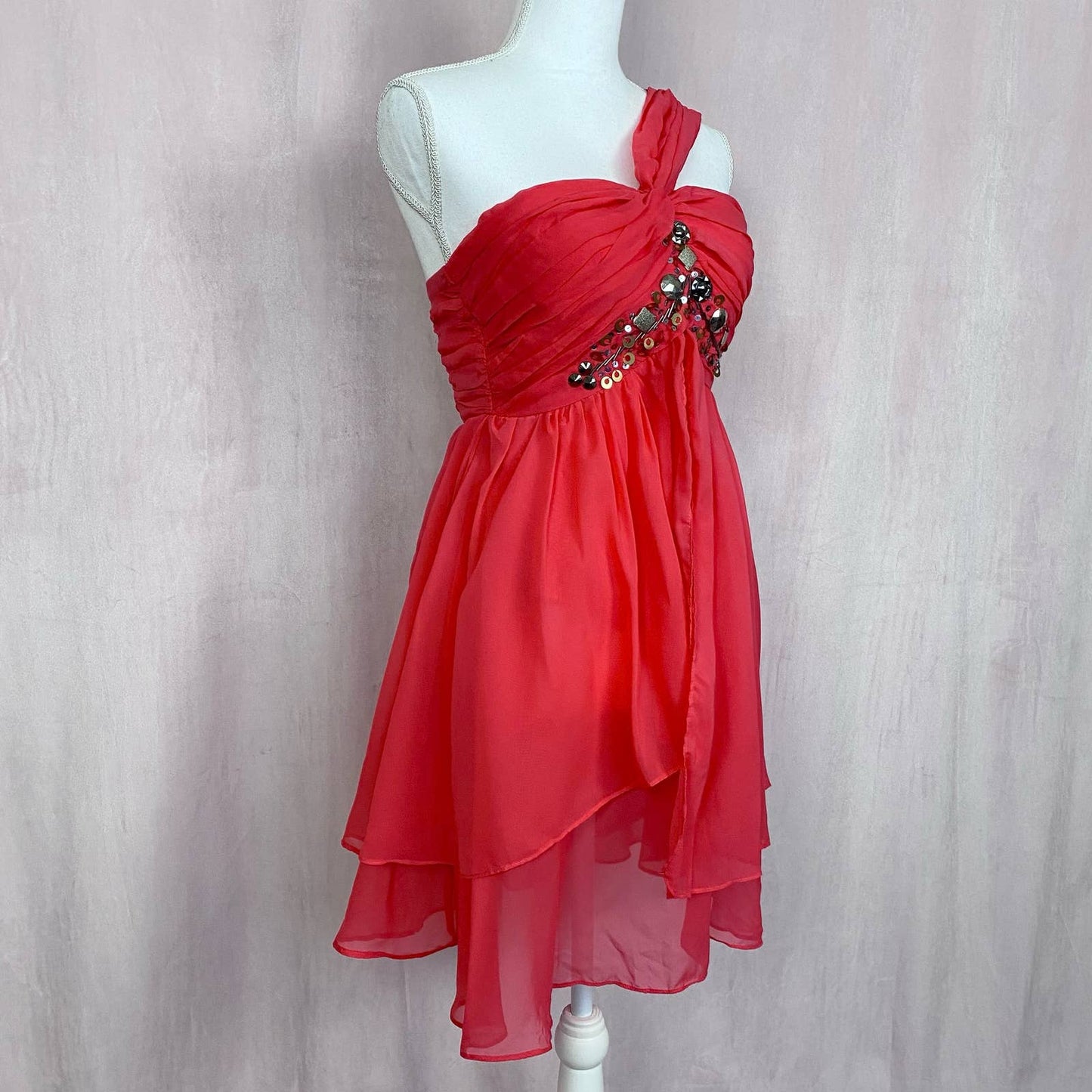 Preowned Marineblu Embellished Chiffon One Shoulder Mini Dress, Size Medium