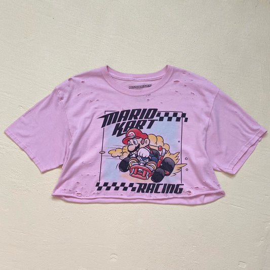 Upcycled Mario Kart Racing Distressed Crop Tee, Size Medium
