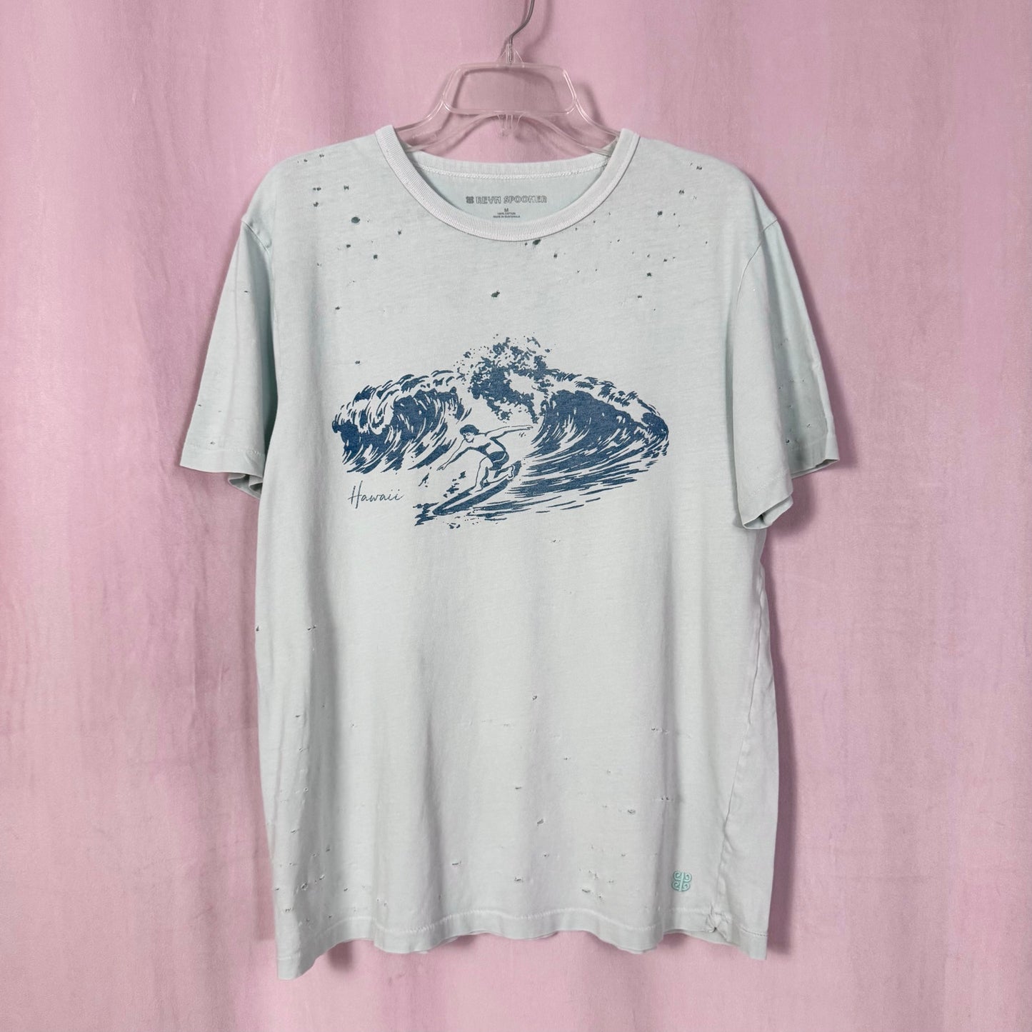 Upcycled Reyn Spooner Hawaii Surf Wave Distressed Tee, Size Medium