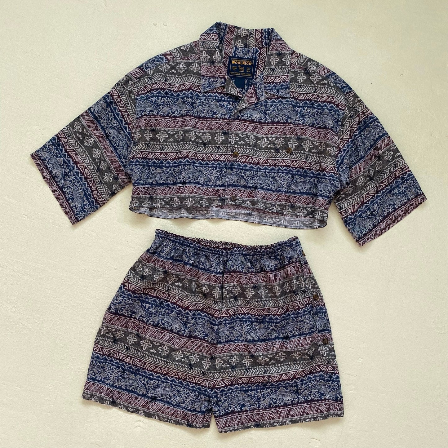 Upcycled Fish Tribal Print Button Up & Shorts Set, Size S/M/L