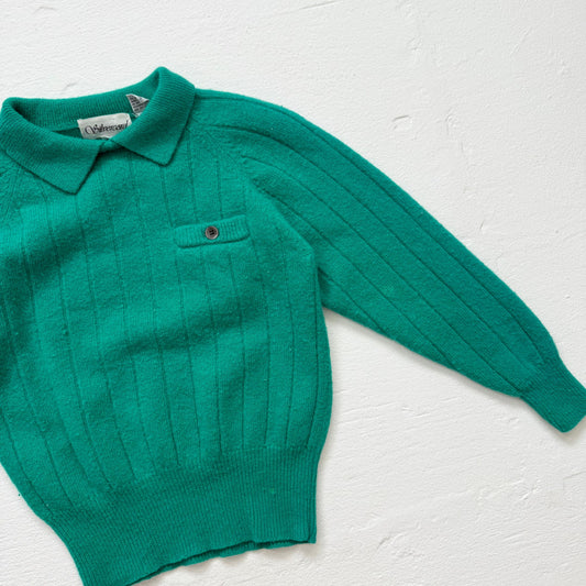 Vintage 70s Silvercord Green Ribbed Collared Sweater Wool Blend, Size Small