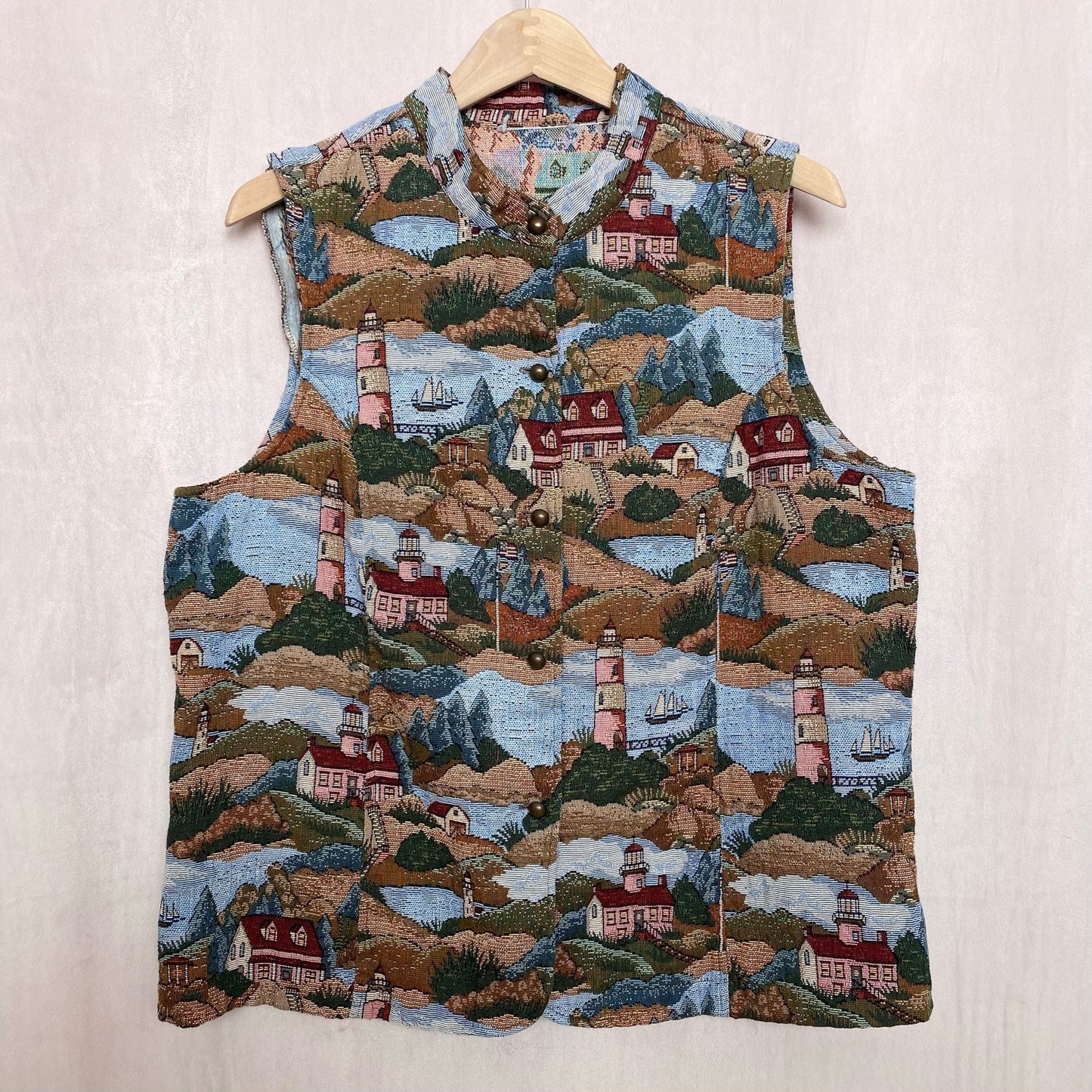 Vintage Blair Tapestry Lighthouse Button Up Vest, Size XL