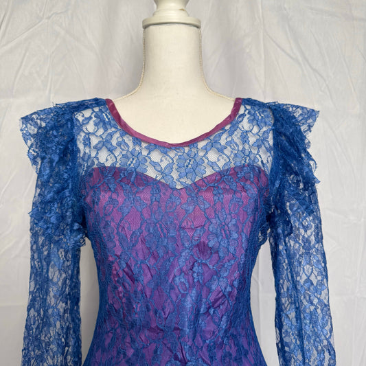 Vintage 80s Steppin Out Lace Ruffle Party Dress, Size Medium