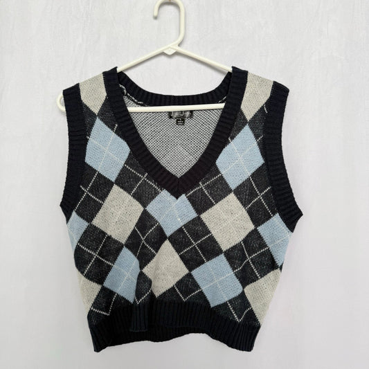 Secondhand J for Justify Blue Argyle Crop Sweater Vest, Size Large