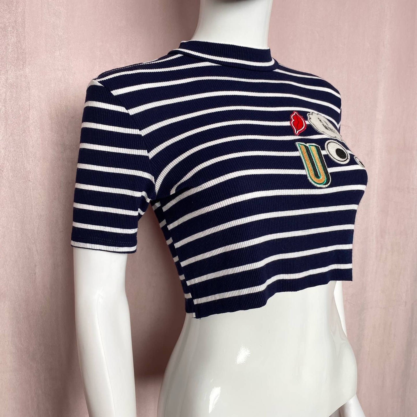Secondhand Reworked Zara R U Mine Patch Stripe Crop Tee, Size Small