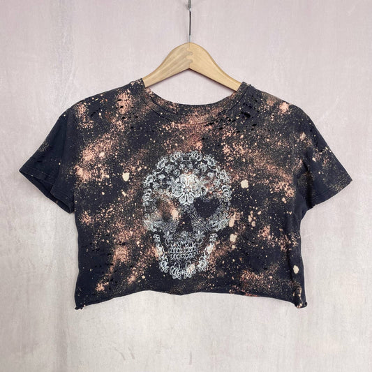 Reworked Fifth Sun Floral Skull Distressed Crop Tee, Size Medium