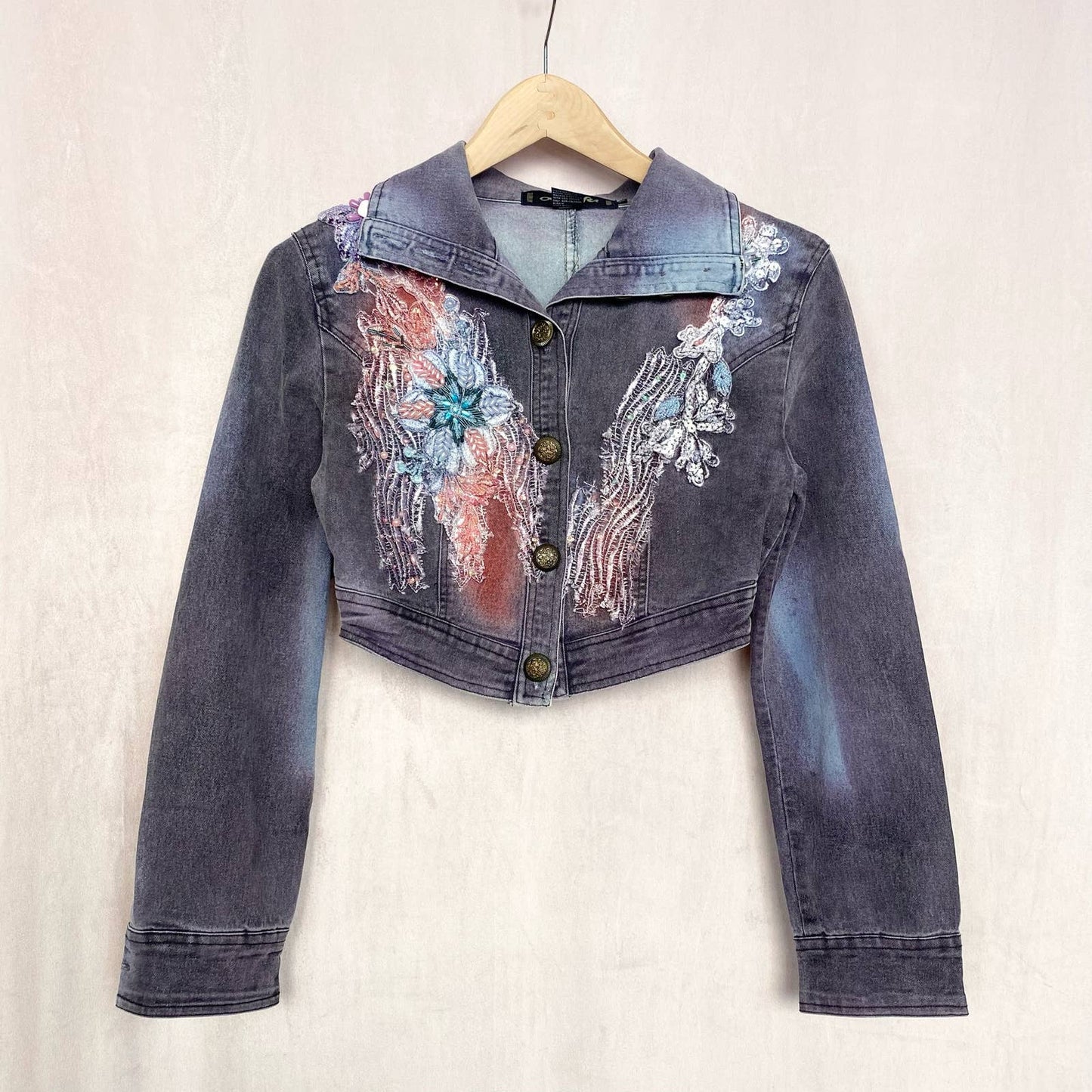 Secondhand AngFu Embellished Crop Jean Jacket, Size Small