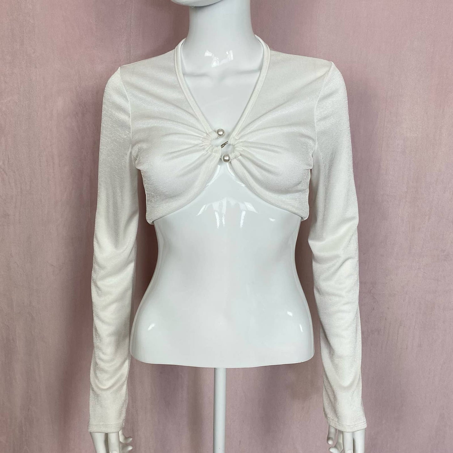 Secondhand White Ruched Plunge Neck Crop Long Sleeve, Size Large