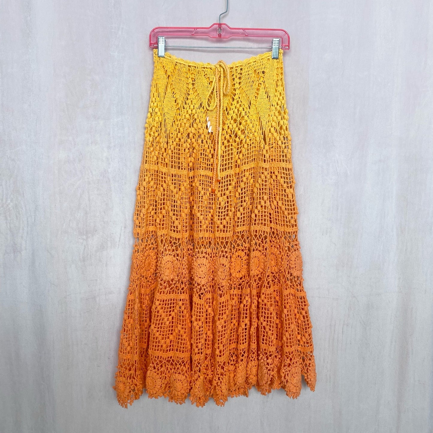 Secondhand Alix Pinho Revolve Sunset Crochet Midi Skirt in Orange, Size Small
