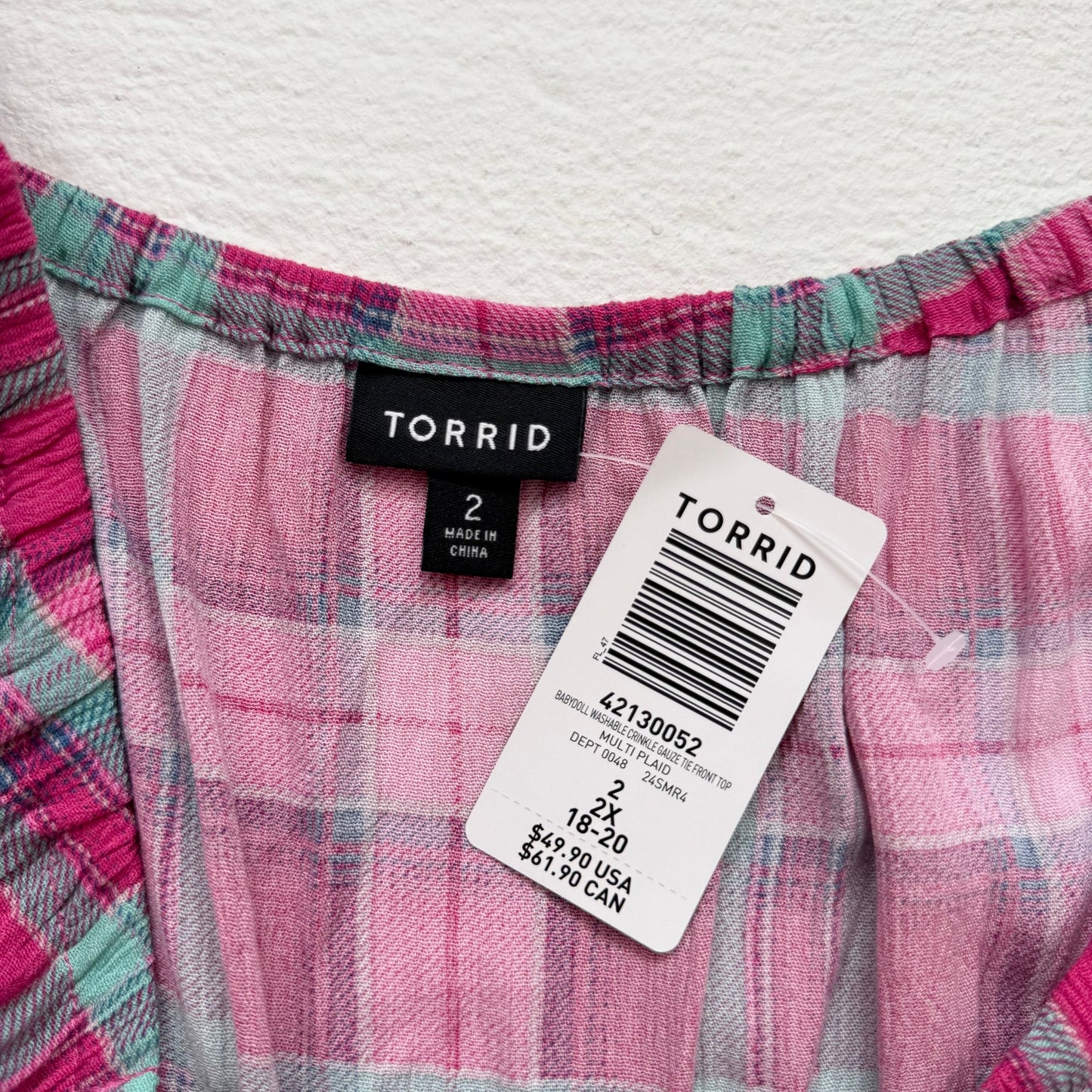 Secondhand Torrid Pink Teal Plaid Tie Front Peplum Top, Size 2X