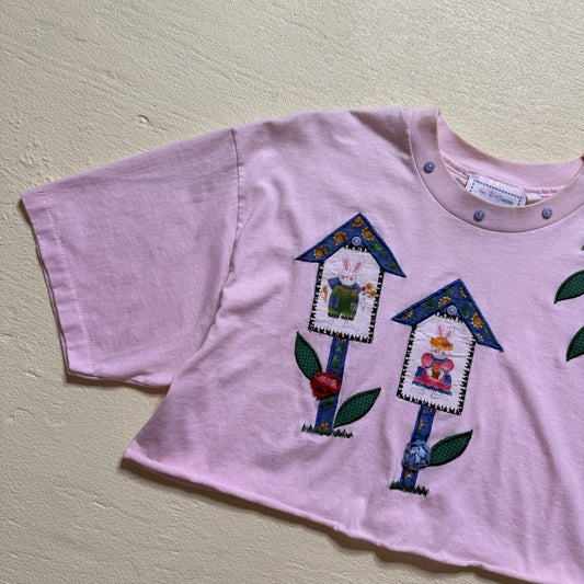 Reworked Vintage Floral Bunny Pink Crop Tee, Size Large