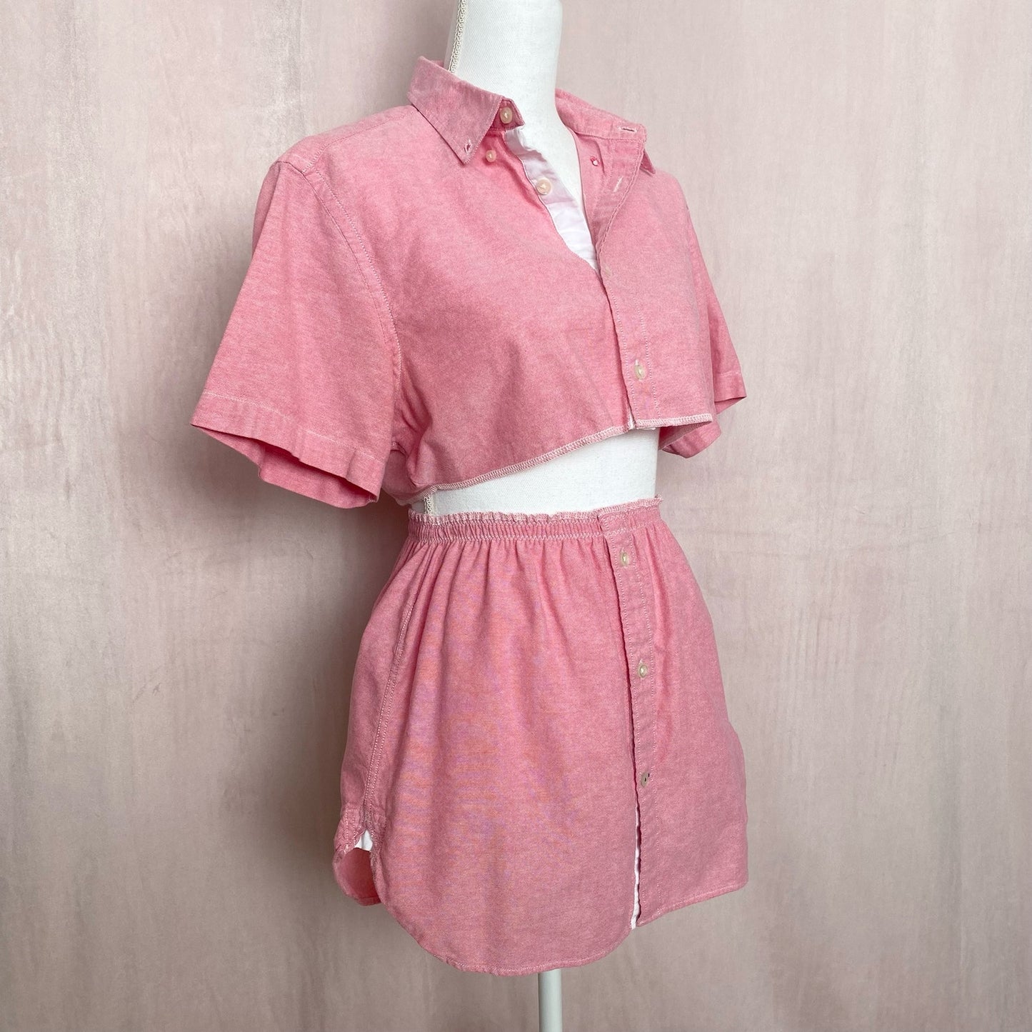 Upcycled Pink Button Front Two Piece Skirt Set, Size XS