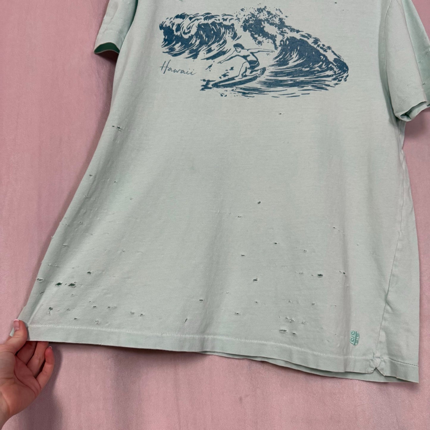 Upcycled Reyn Spooner Hawaii Surf Wave Distressed Tee, Size Medium