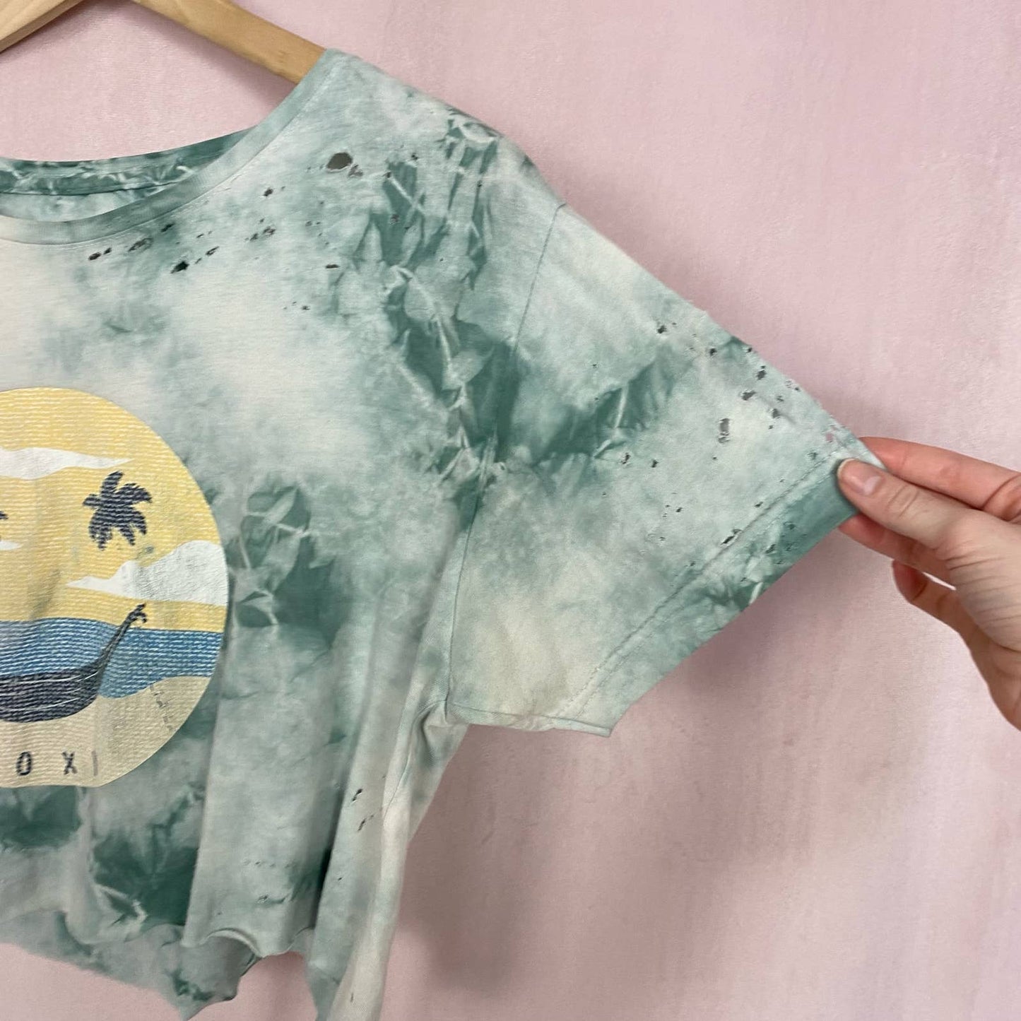 Upcycled Roxy Distressed Tie Dye Crop Smiley Tee, Size Medium