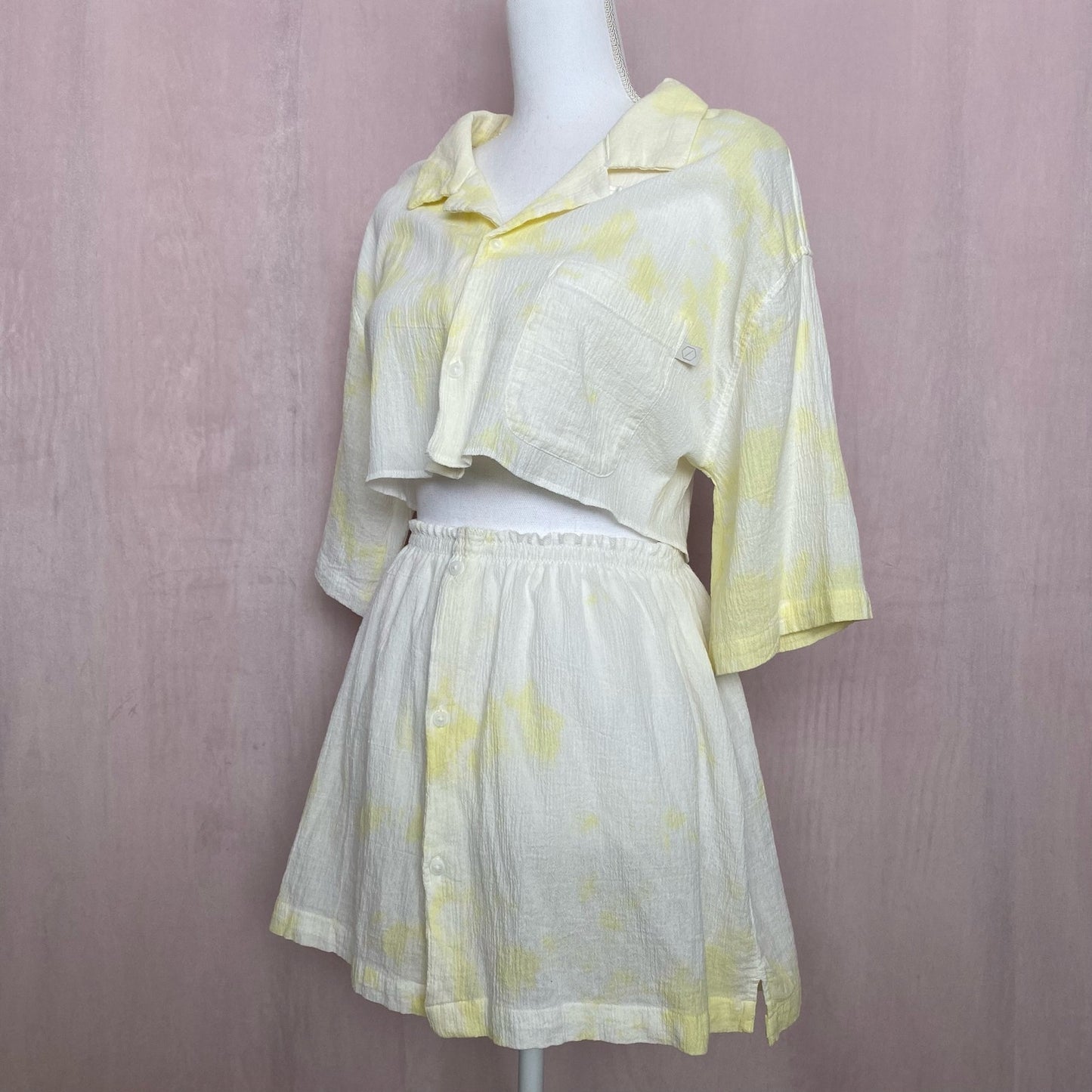 Upcycled Yellow Tie Dye Button Front Skirt Set, Size S/M