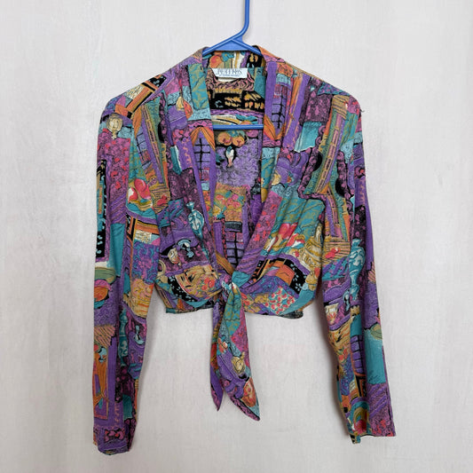 Upcycled Vintage Abstract Tie Front Crop Top, Size XS