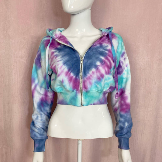 Upcycled Forever 21 Heart Tie Dye Crop Zip Hoodie, Size Small
