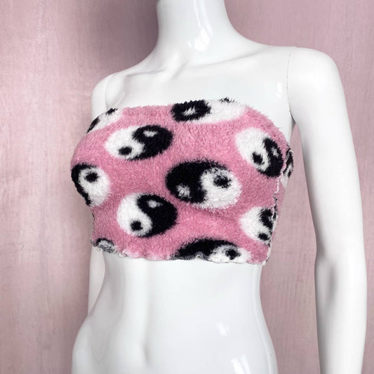 Upcycled Yin-Yang Fuzzy Crop Tube Top, Size XS