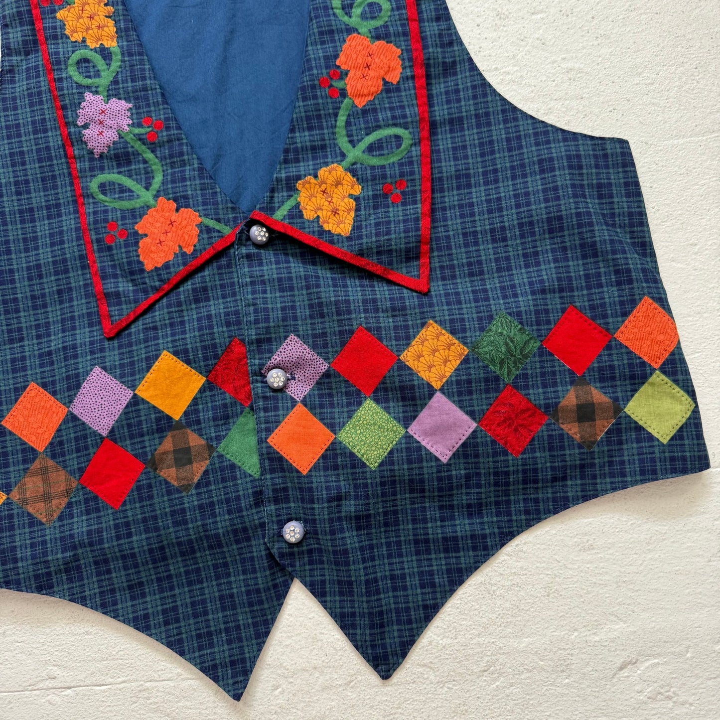 Vintage Navy Green Plaid Harvest Appliqué Vest, Size Large–XL