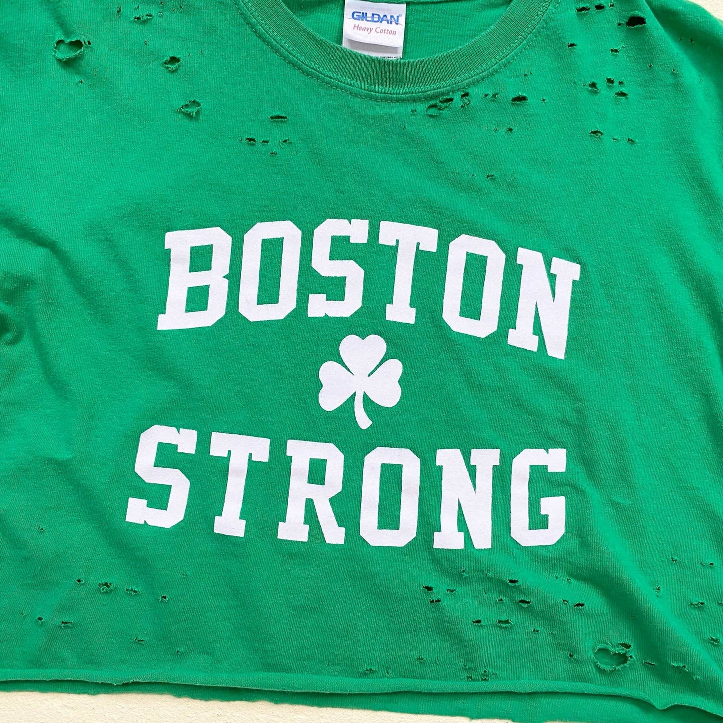 Reworked Boston Strong Distressed Crop Tee, Size Small