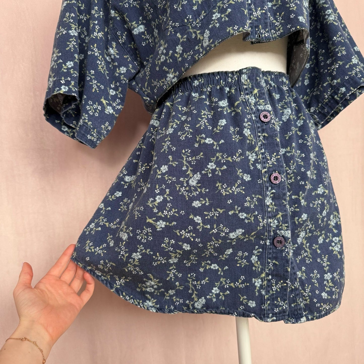 Upcycled Button Up Crop Shirt & Skirt Set, Size L/XL