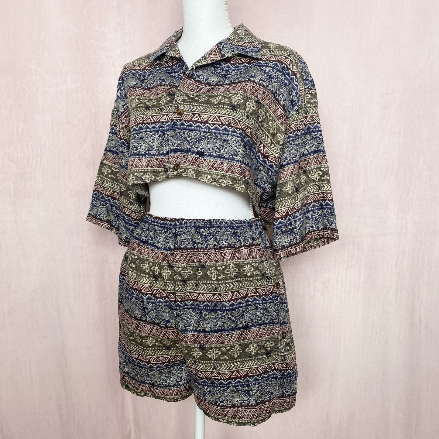 Upcycled Fish Tribal Print Button Up & Shorts Set, Size S/M/L