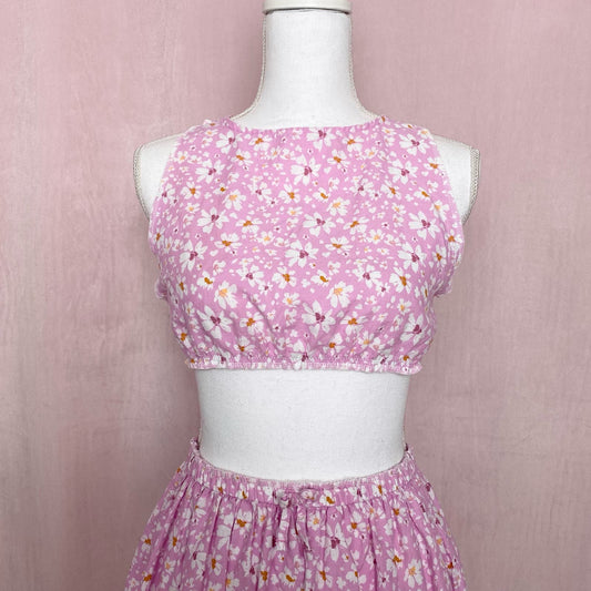 Upcycled Pink Floral Linen Blend Crop Top & Skirt Set, Size XS