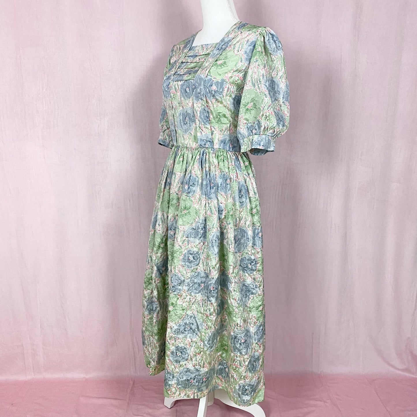 Vintage Handmade Satin Floral Puff Sleeve Maxi Dress