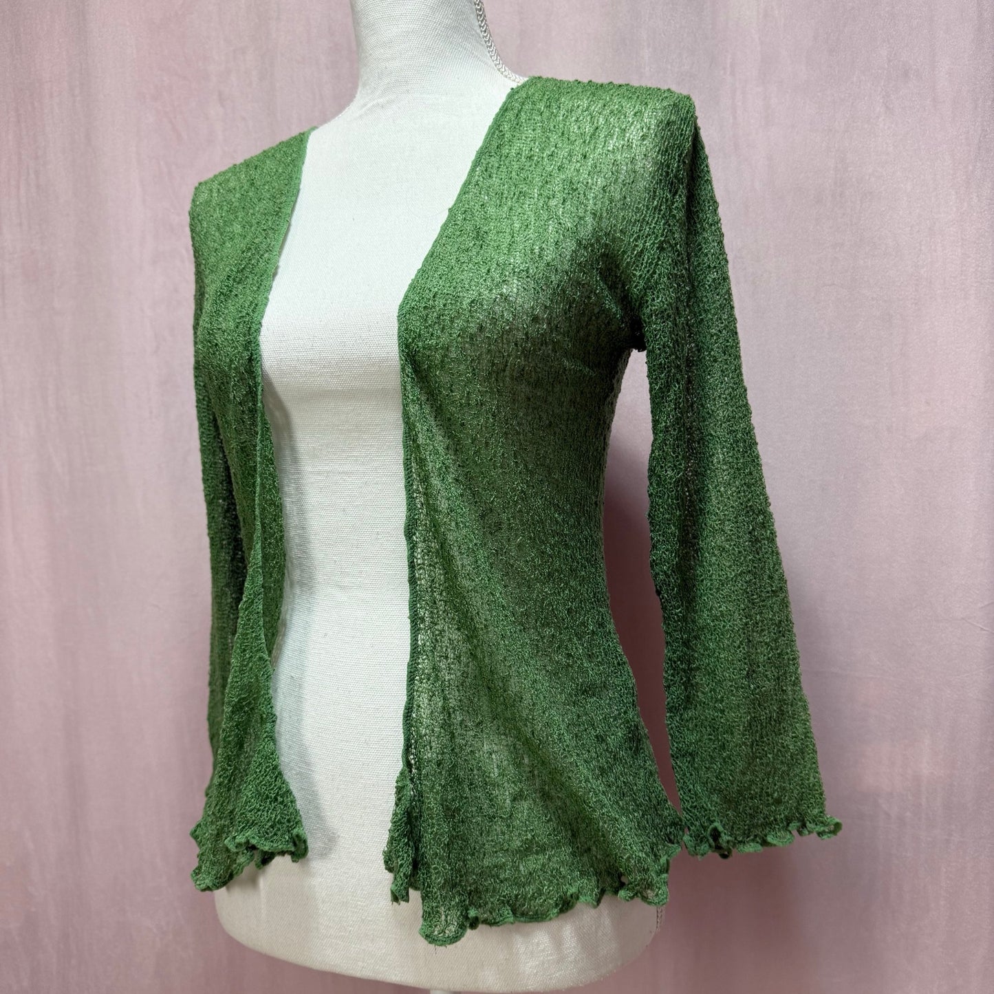 Preowned Shu-Shi Green Crochet Open Tie Front Cardigan, One Size