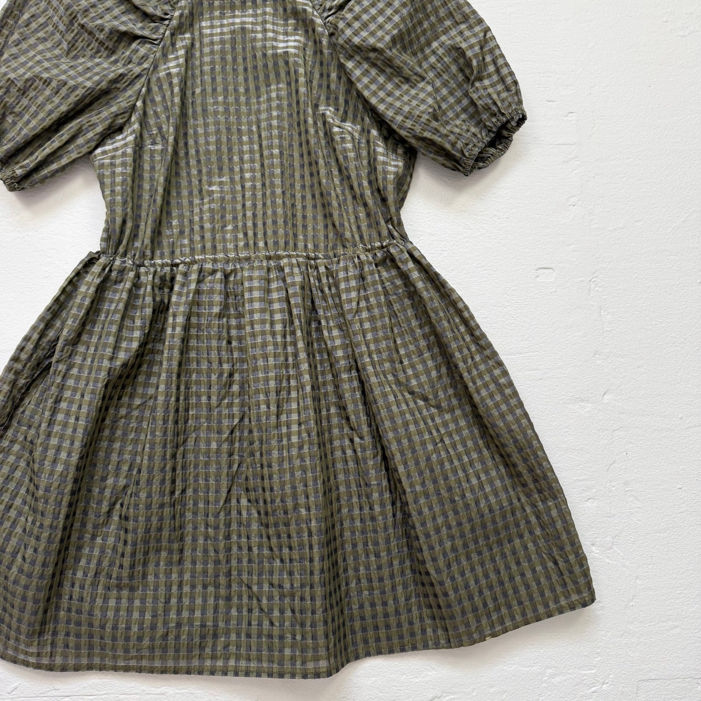 Secondhand H&M Green Plaid Puff Sleeve Babydoll Mini Dress XS