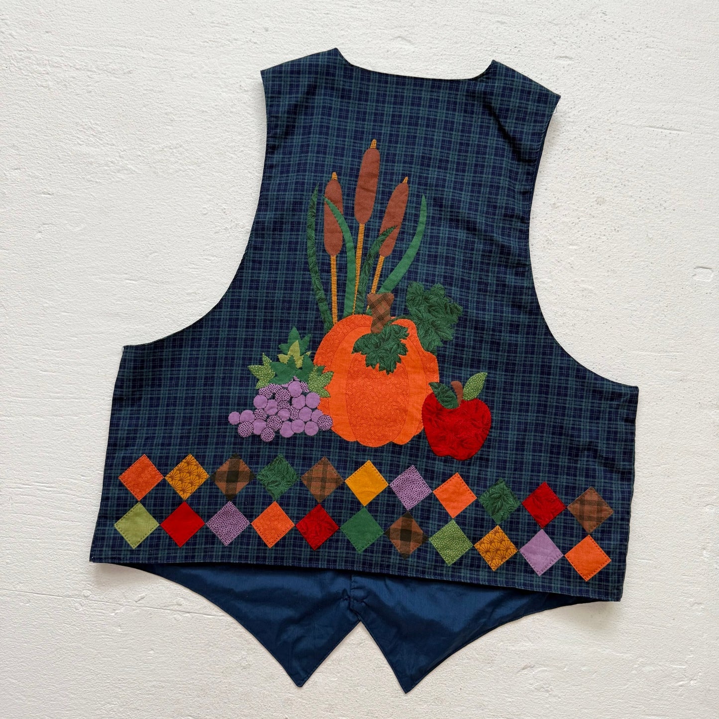 Vintage Navy Green Plaid Harvest Appliqué Vest, Size Large–XL