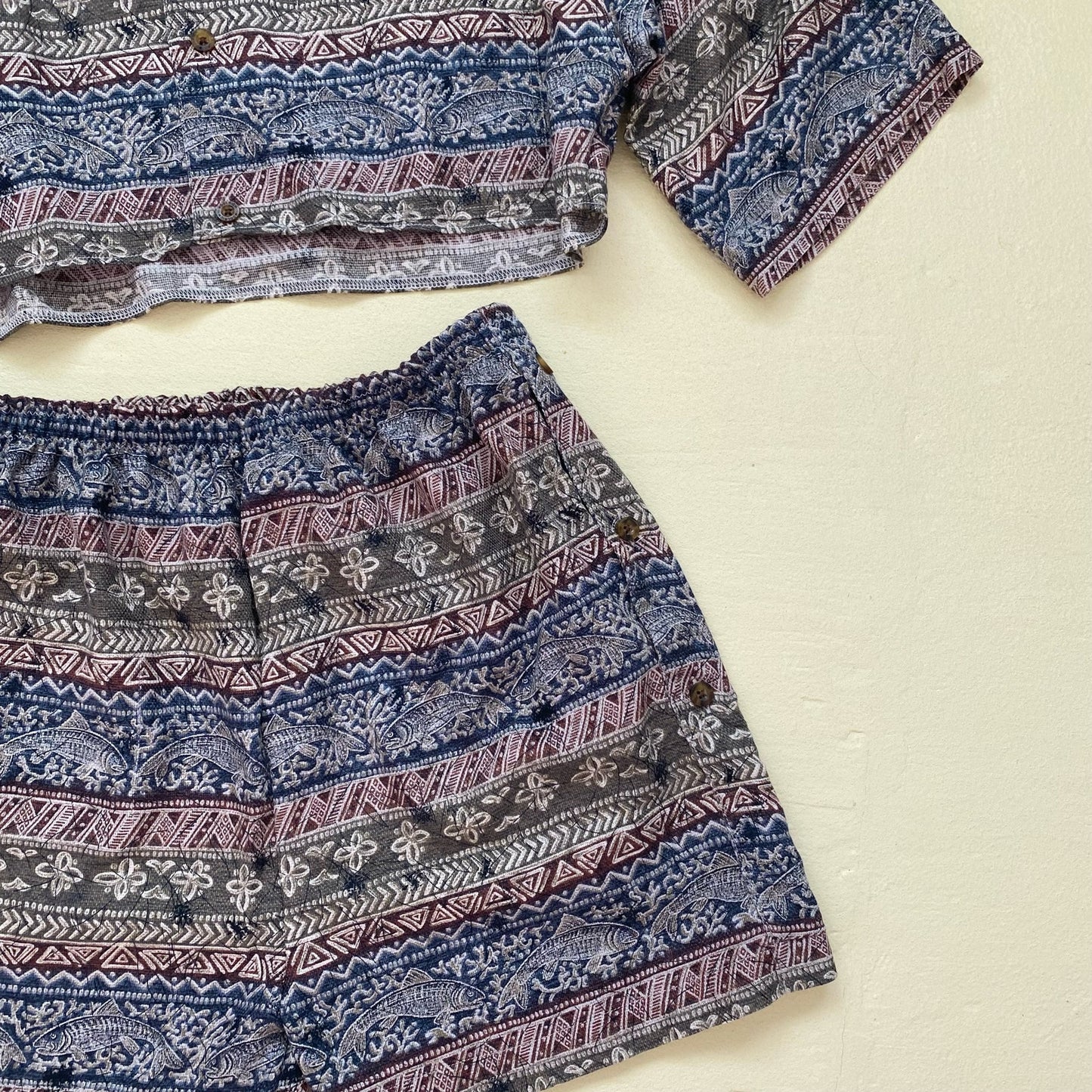 Upcycled Fish Tribal Print Button Up & Shorts Set, Size S/M/L