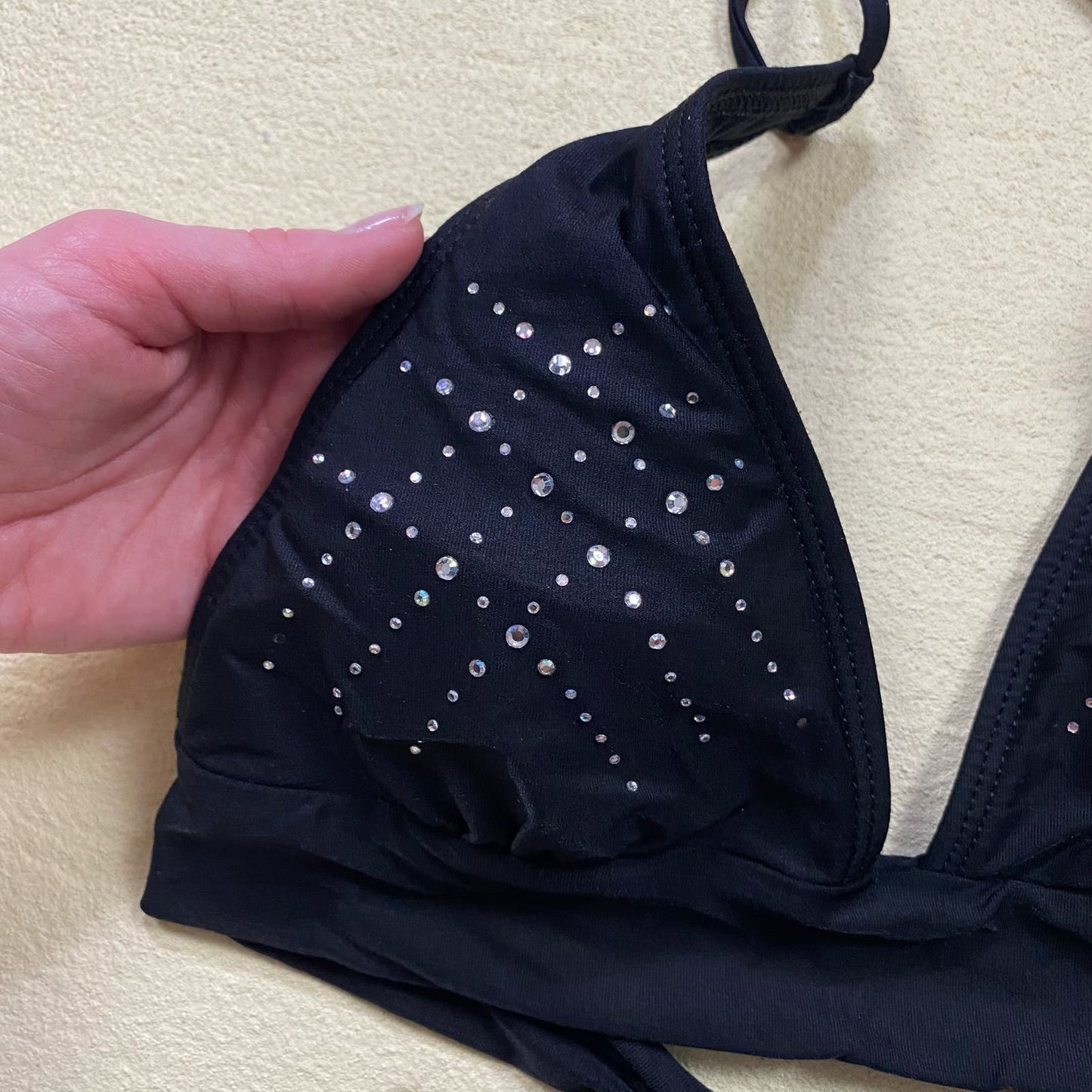 Y2K Guess Rhinestone Black Triangle Bikini Top, Size XS