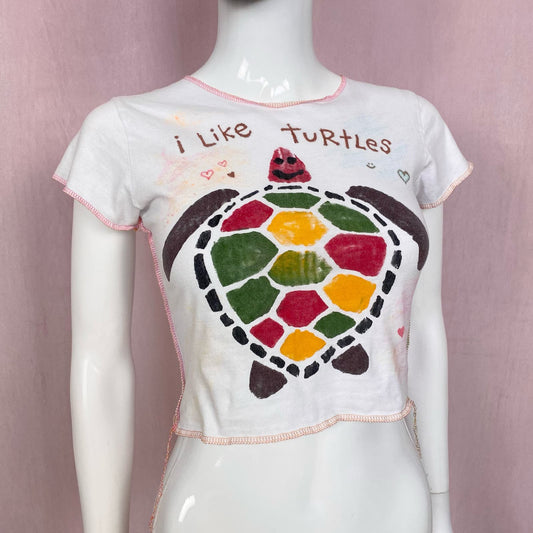 Upcycled I Like Turtles Graphic Crop Baby Tee, Size XS