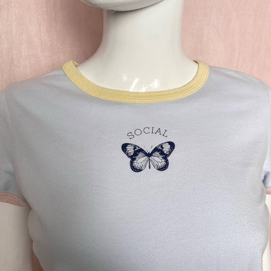 Reworked Social Butterfly Crop Tee, Size Small