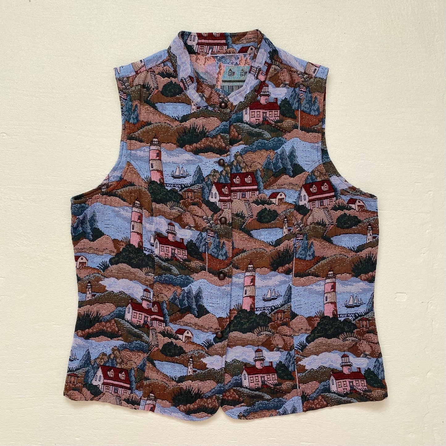Vintage Blair Tapestry Lighthouse Button Up Vest, Size XL