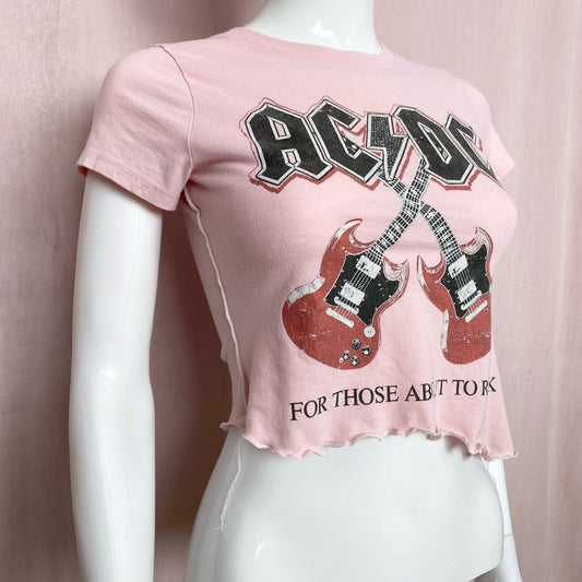 Upcycled AC/DC Graphic Asymmetrical Crop Baby Tee, Size Small
