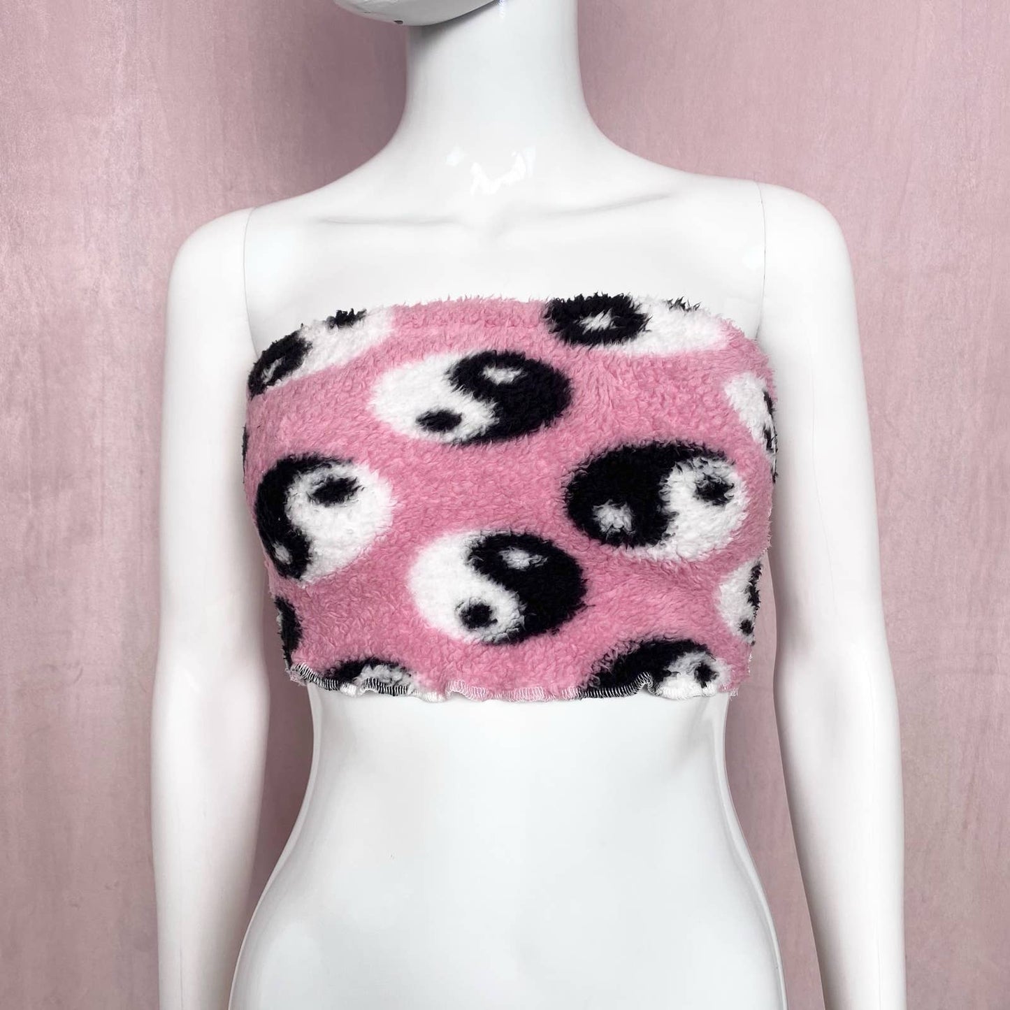 Upcycled Yin-Yang Fuzzy Crop Tube Top, Size XS