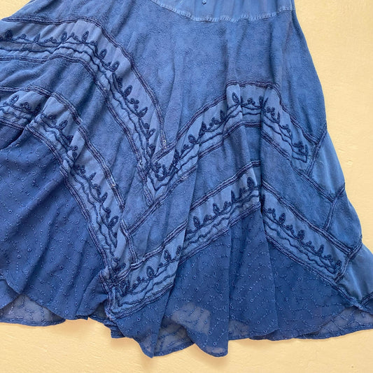 Vintage Boho Hippie Blue Tiered Asymmetrical Midi Skirt, "Free Size"