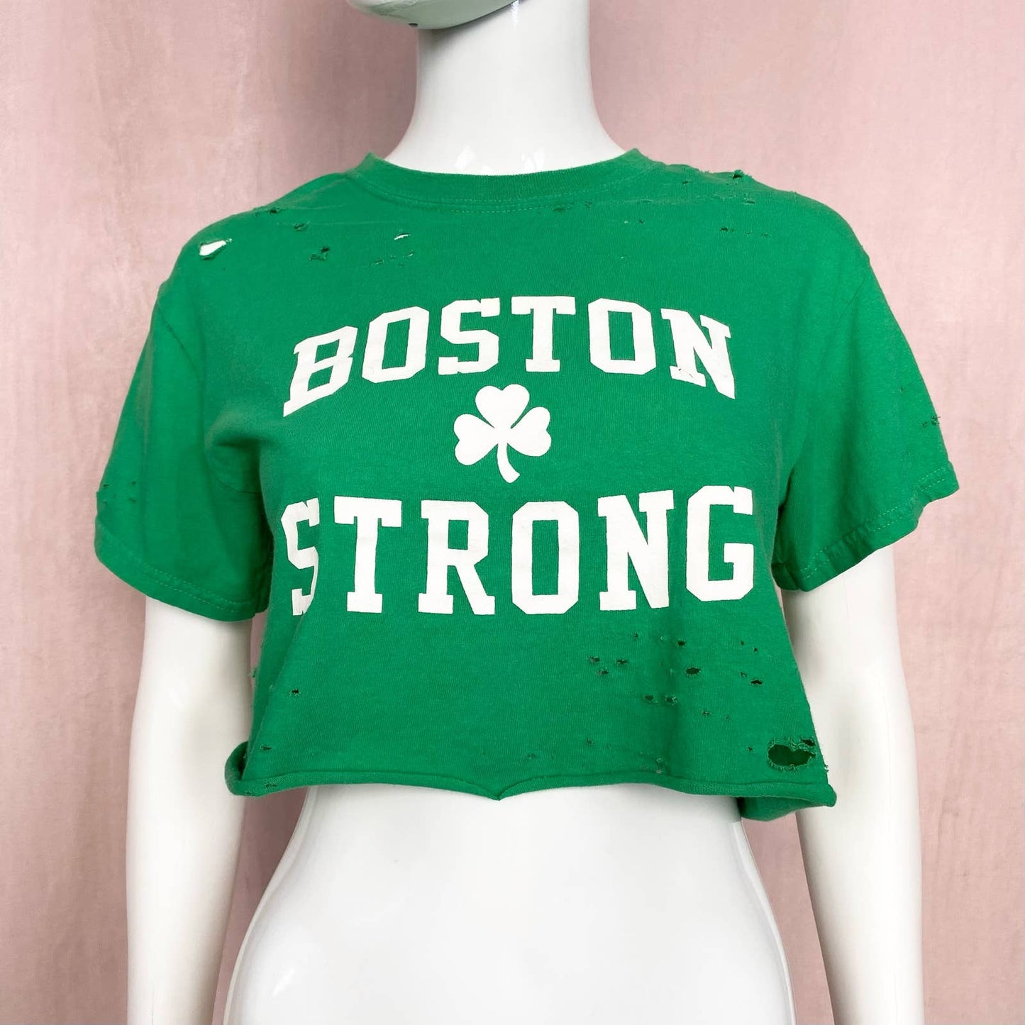Reworked Boston Strong Distressed Crop Tee, Size Small