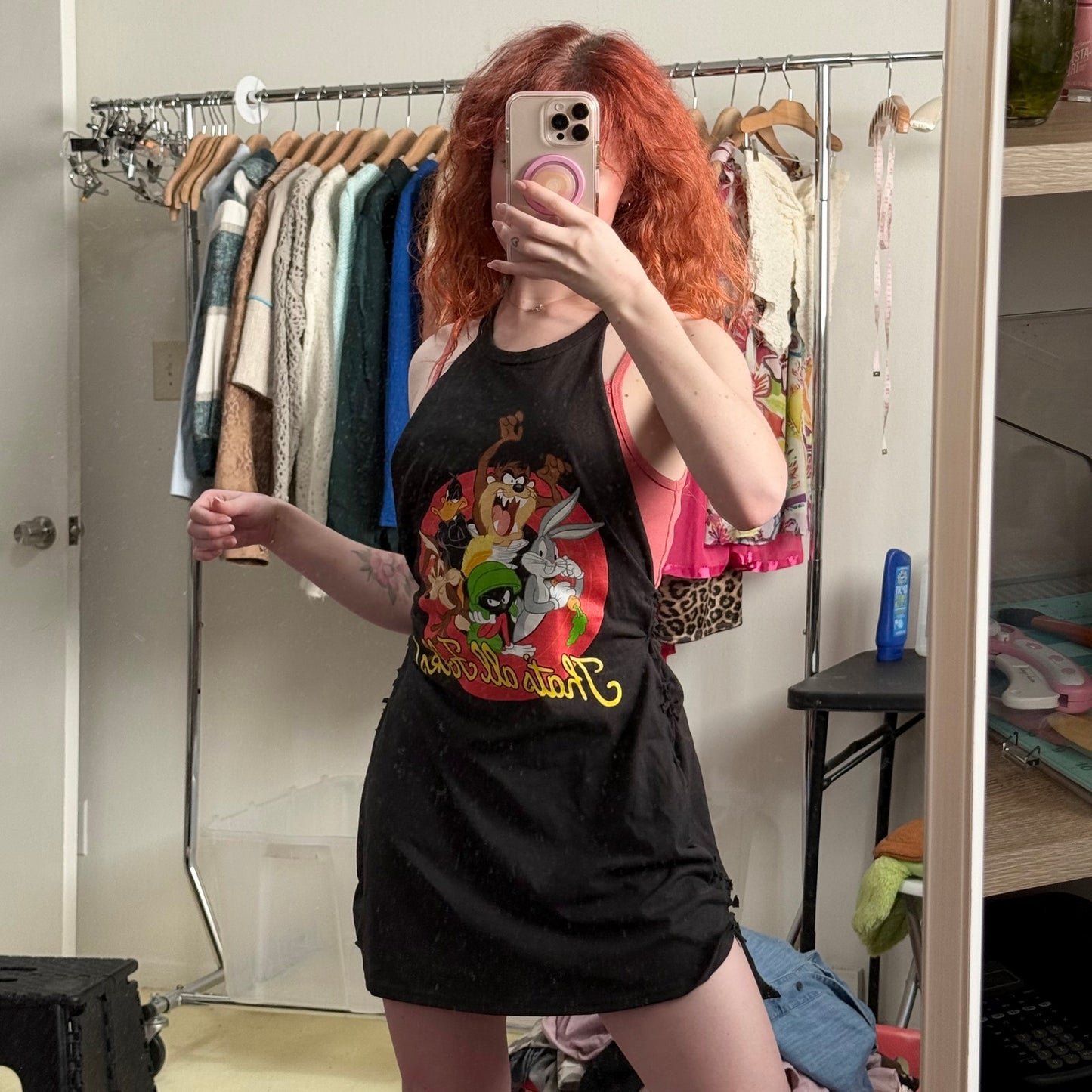 Upcycled Looney Tunes Graphic Cami Mini Tie Dress, Size S/M