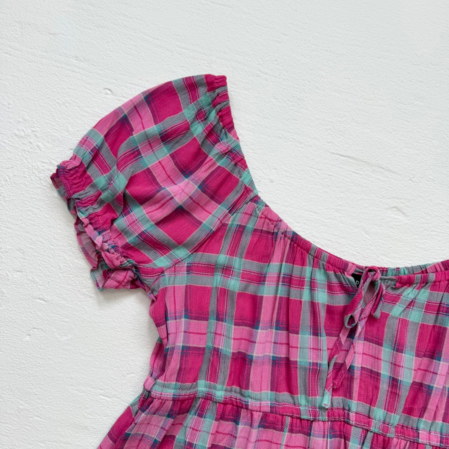 Secondhand Torrid Pink Teal Plaid Tie Front Peplum Top, Size 2X