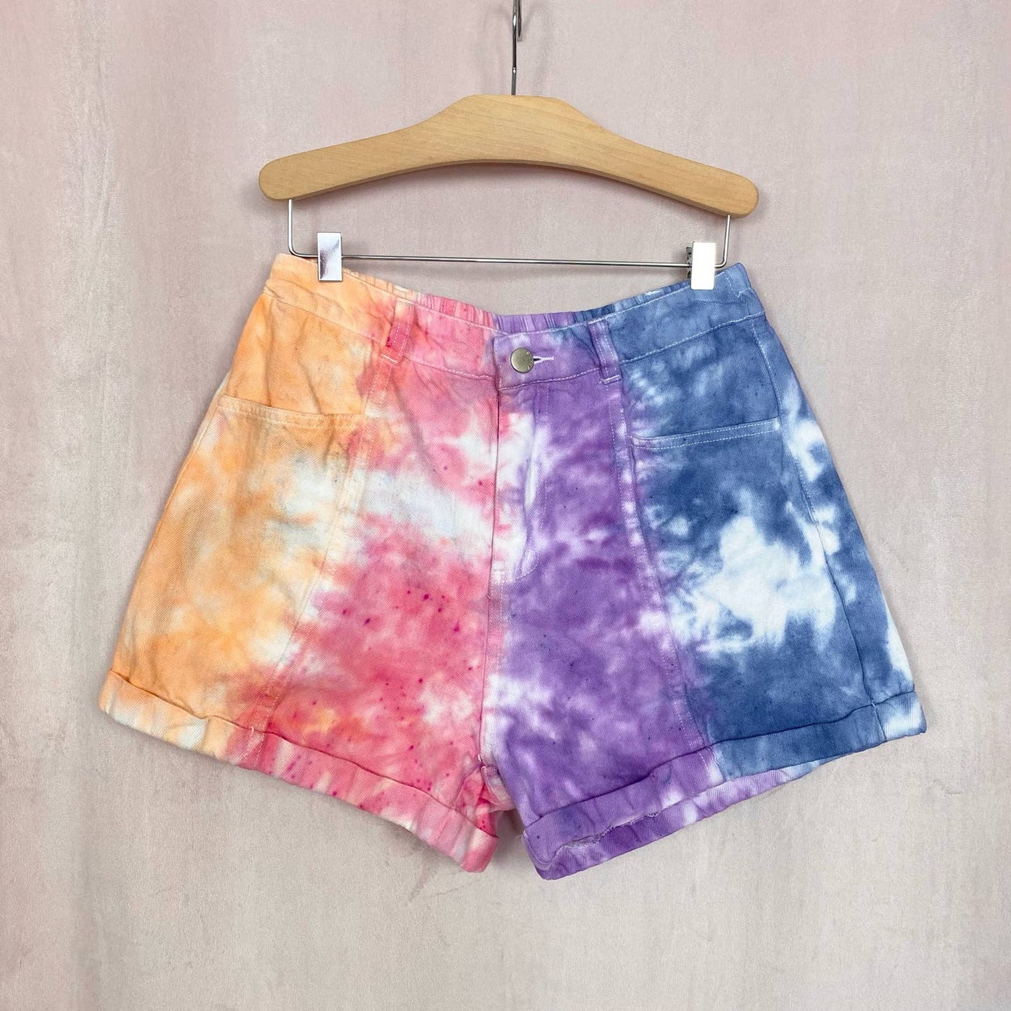 Upcycled Denim Tie Dye High Rise Shorts, Size 25”