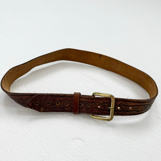 Vintage Brown Tooled Leather Belt, Size M/L