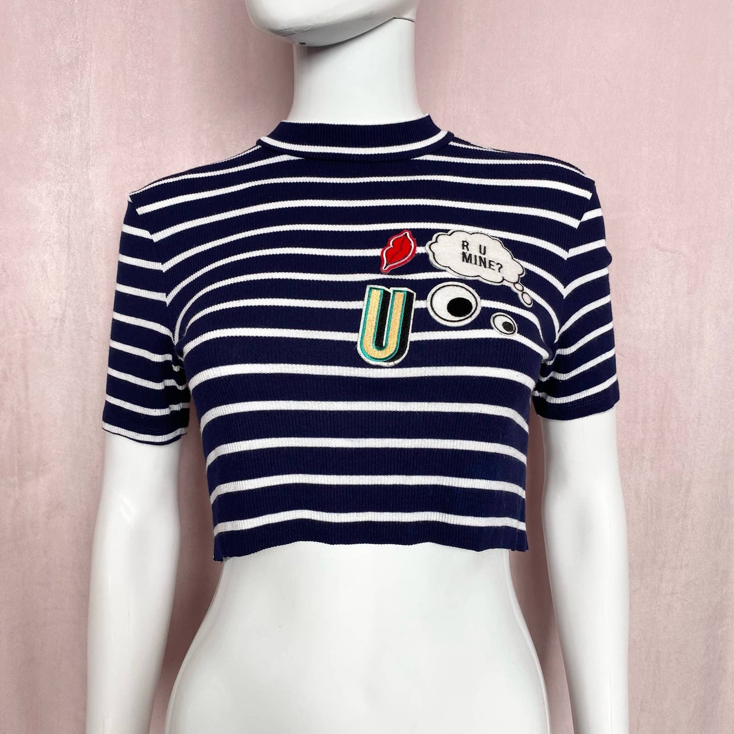 Secondhand Reworked Zara R U Mine Patch Stripe Crop Tee, Size Small