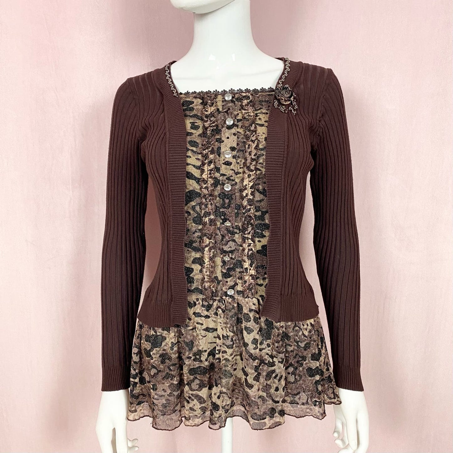 Vintage Ribbed Cardigan Leopard Print Mesh Top, Size Small