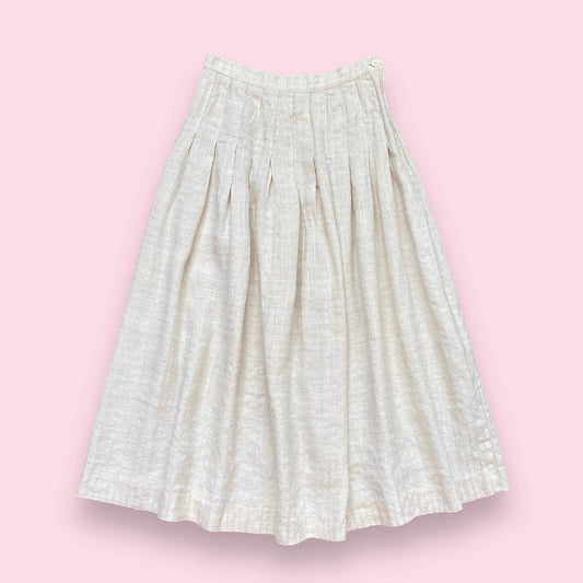 Vintage Linen Pleated A-line Midi Skirt, Size 24”