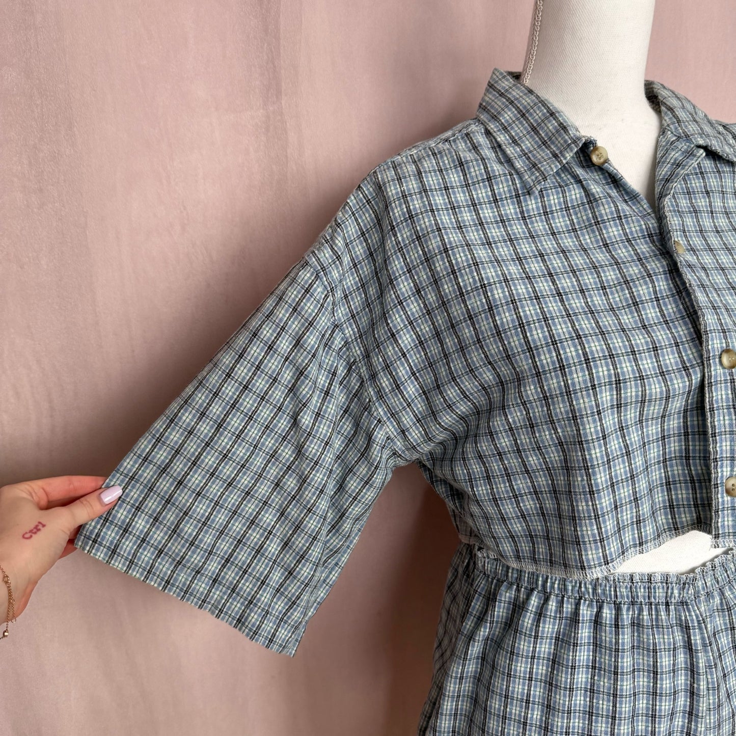 Upcycled Button Up Crop Shirt & Boxer Shorts Set, Size S/M
