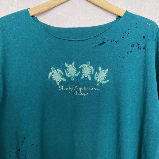 Upcycled Vintage Turtle Shedd Aquarium Chicago Distressed Tee, Size XL